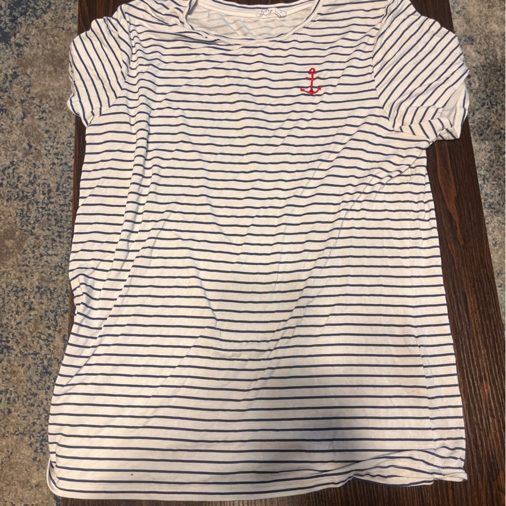 White & Navy Striped Anchor Tee Women's Size Large